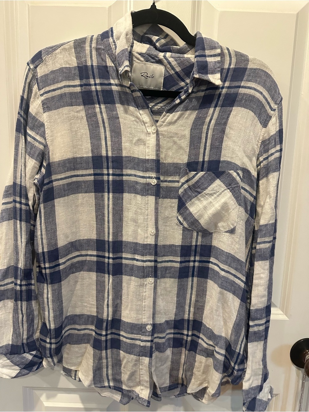 Rails XS Oversized Blue and White Plaid Linen Blend Button-Up Shirt